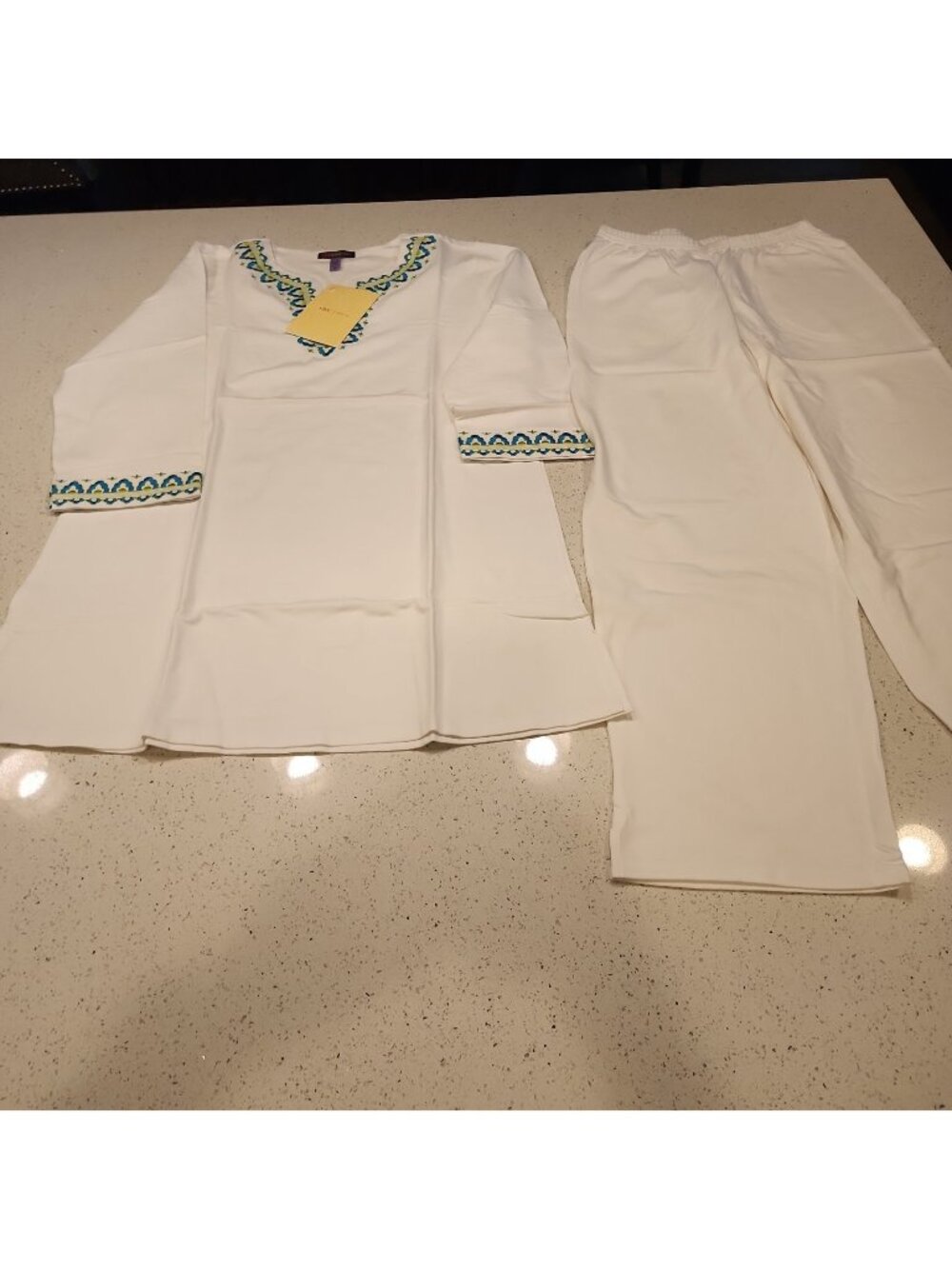 stan herman Tunic Top Pants Set Women's M White Embroidered Pull Over On Cotton